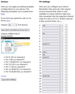 Configuration of Elivco 20A BSD34 EU Power Monitoring Plug Elivco plug configuration page with pin settings details and device description