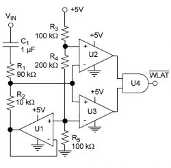 Schemat obwodu elektronicznego z komparatorami i bramką logiczną.