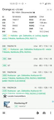 Zrzut ekranu z aplikacji NetMonster z wynikami pomiarów sygnału LTE 900 MHz w sieci Orange, wyświetlający parametry techniczne połączenia i listę okolicznych stacji bazowych.