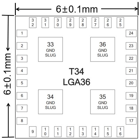 T34 LGA36 Chip Diagram Diagram of T34 LGA36 chip with dimensions and pin descriptions