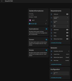 Home Assistant screenshot showing device NiveoFA73D3 with control elements, sensors, and configuration cards