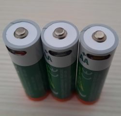 Three AA Batteries Three AA batteries side by side with visible positive terminals.