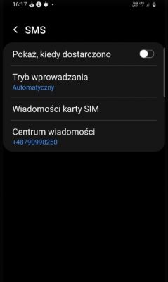 Zrzut ekranu menu ustawień SMS na telefonie z Androidem.