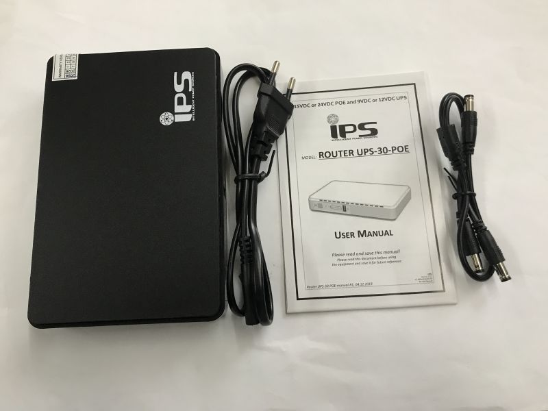IPS router UPS kit: black unit, power cord, Router UPS-30-POE manual, and DC jack cable