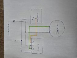 Hand-drawn wiring diagram showing Tuya module, switch, and light bulb connections