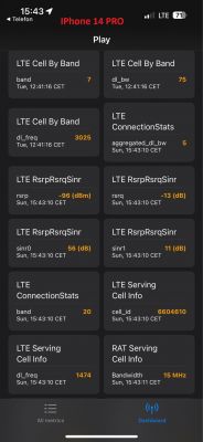 Zrzut ekranu z aplikacji na iPhone 14 PRO pokazujący statystyki LTE, takie jak pasmo, częstotliwość i siła sygnału.