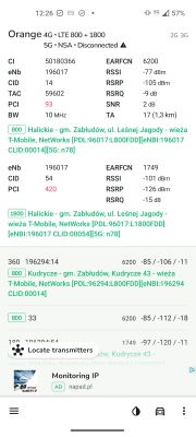 Zrzut ekranu z aplikacji NetMonster pokazujący parametry sygnału LTE (Orange, LTE 800+1800) oraz dane dotyczące pobliskich stacji bazowych.