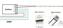 Schemat zasilania taśmy LED z eliminatorami rozbłysków RC 470nF i 100nF.