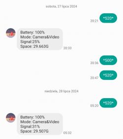 Zrzut ekranu z aplikacji pokazujący informacje o stanie baterii, trybie, sile sygnału i dostępnym miejscu.