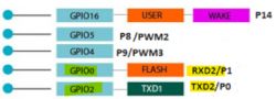 Diagram showing pin configuration with GPIO labels and function assignments.