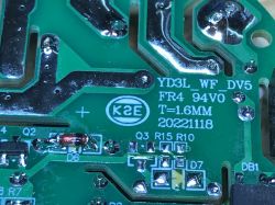 Close-up of PCB with YD3L_WF_DV5 Marking Close-up of a circuit board with YD3L_WF_DV5 markings and electronic components.