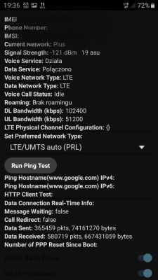 Zrzut ekranu z NetMonster pokazujący szczegóły połączenia LTE sieci Plus