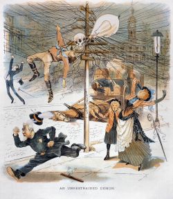Ilustracja przedstawiająca chaos na ulicy z powodu przewodów elektrycznych.