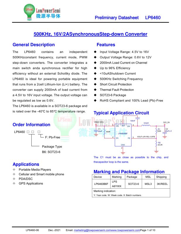 LP6460 datasheet page showing description, features, and application circuit