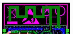 Illustration of PCB trace layout with a green right-hand ground trace and left hand antenna feed trace.