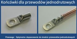 Końcówki dla przewodów jednodrutowych, obrazek przedstawia dwie końcówki metalowe.