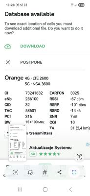 Zrzut ekranu z aplikacji pokazujący dane sieci komórkowej Orange 4G i 5G NSA