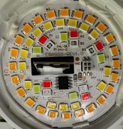 Close-up of the LED layout on a light bulb's printed circuit board.