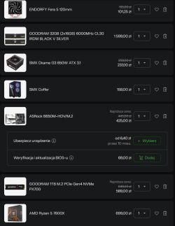 Zrzut koszyka sklepu z podzespołami PC i cenami, m.in. Ryzen 5 7600X i ASRock B650M.