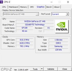 Zrzut ekranu z programu CPU-Z z zakładką Graphics pokazującą szczegóły karty graficznej NVIDIA GeForce GT 440.