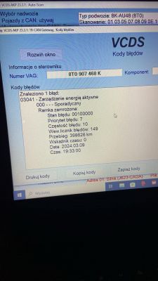 Zrzut ekranu z programu diagnostycznego VCDS pokazujący kod błędu 03041.