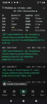 Zrzut ekranu z aplikacji NetMonster pokazujący parametry sieci LTE T-Mobile i Orange.