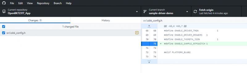 Screenshot of a code editor with a sample configuration change Screenshot of a code editor showing a change in the obk_config.h file