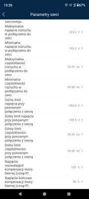 List of electrical network parameters on a phone screen.