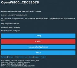 Screenshot of the OpenW800 user interface showing connection and configuration details.