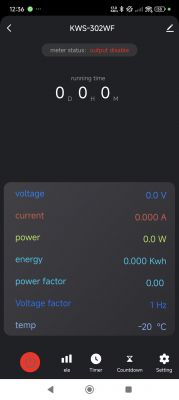 App screen showing the status of the KWS-302WF energy meter with output disabled.