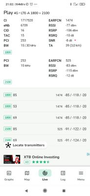 Ekran aplikacji pokazujący parametry sygnału LTE sieci Play na częstotliwościach 1800 i 2100 MHz