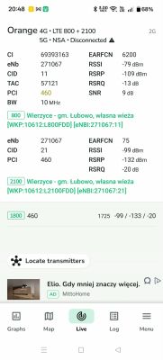 Zrzut ekranu NetMonster z parametrami sieci Orange 4G LTE 800+2100 i informacją o rozłączonym 5G.