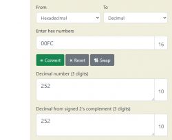 Hexadecimal to decimal conversion shows a result of 252.
