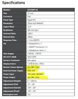 Tabela specyfikacji monitora MSI G272QPF E2 z zaznaczonym zasilaniem 45W 20V 2.25A