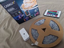 Casalux RGB LED Strip Kit with Wi-Fi Casalux RGB LED strip with remote and controller against the box background.