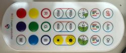 IR remote control for RGB music LED controller, top view, with colored buttons for LED color, modes, brightness, and timer.