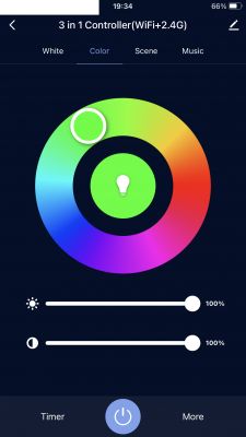 App interface of 3 in 1 Controller with color and brightness settings for light.
