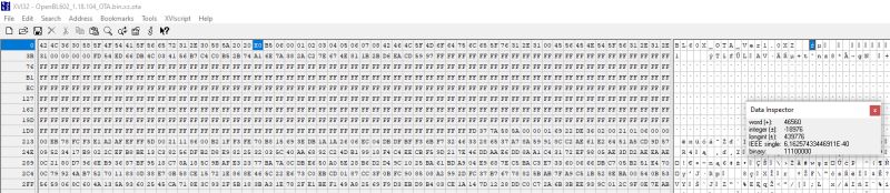 Screenshot of the XVI32 hex editor with an open binary file and Data Inspector panel.