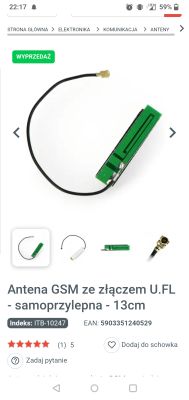 Antena GSM 13 cm z zieloną płytką PCB i złączem U.FL, na czarnym kablu