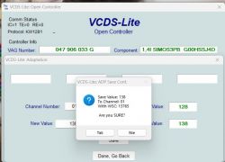 Ekran oprogramowania VCDS-Lite z widocznym numerem VAG i adaptacją wartości.