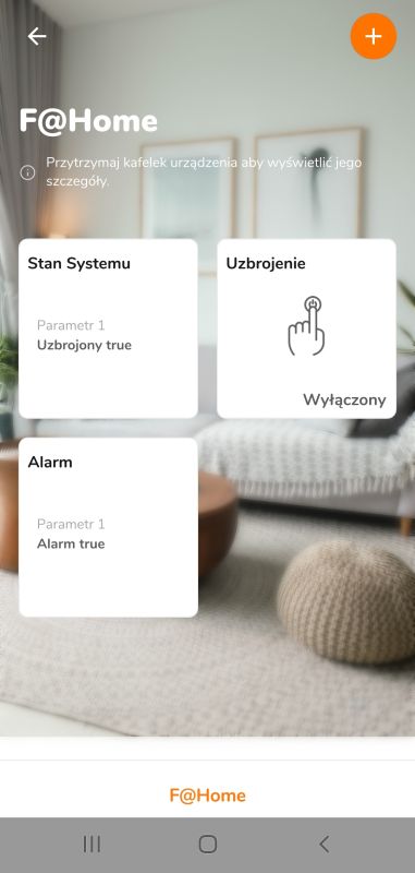Ekran aplikacji FHome z informacjami o stanie systemu, uzbrojeniu i alarmie