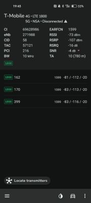 Ekran aplikacji z parametrami sygnału LTE 1800 dla T-Mobile, w tym poziomy RSRP, RSRQ i SNR.