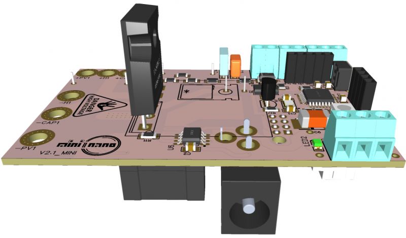 Miniaturized circuit board design labeled mini2nano V2.1 MINI.