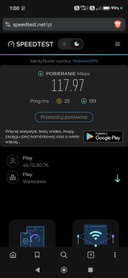 Zrzut ekranu Speedtest na telefonie: pobieranie 117,97 Mb/s, ping 25 ms, operator Play.