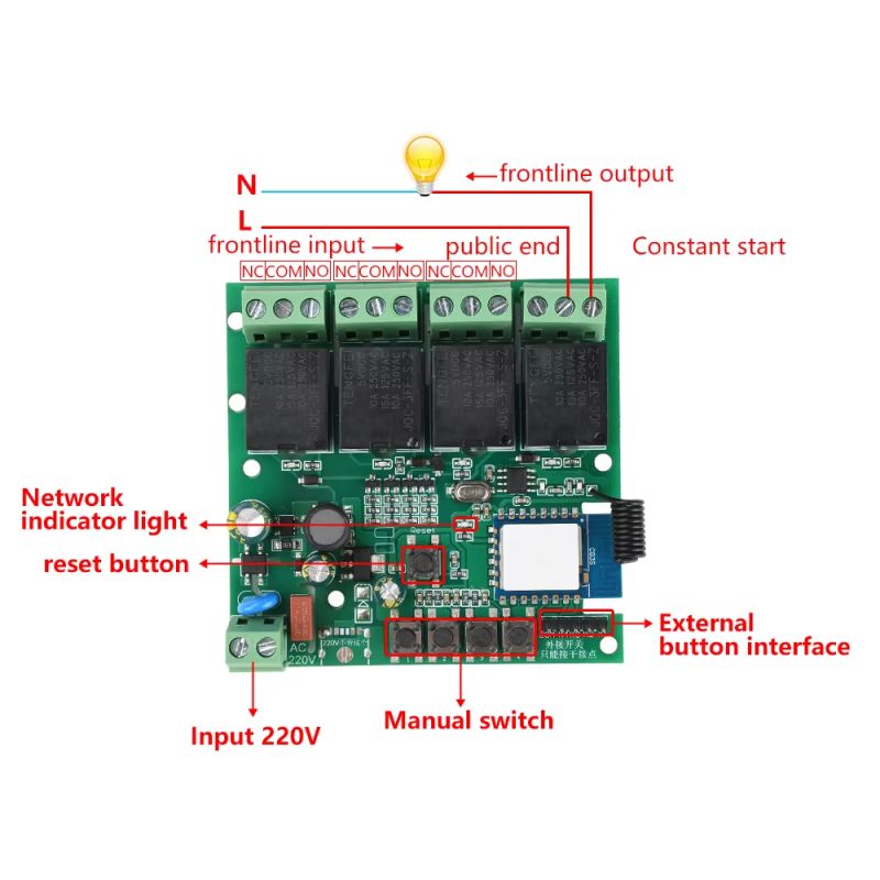 Wi-Fi relay module with 4 220V AC channels and labeled control components