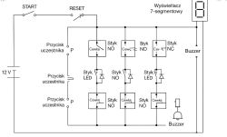 Schemat elektryczny z przekaźnikami, przyciskami i wyświetlaczem 7-segmentowym
