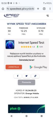Wynik testu prędkości Orange Mobile: ping 30 ms, pobieranie 12,25 Mb/s, wysyłanie 0,70 Mb/s