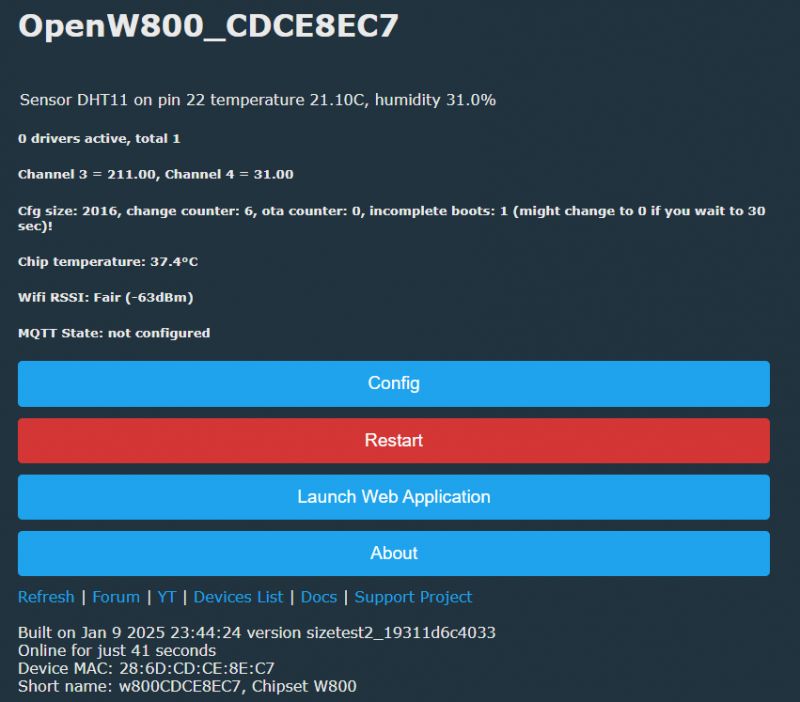 OpenW800_CDCE8EC7 interface screenshot displaying DHT11 sensor and system configuration information.