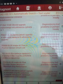 Ekran diagnostyczny z kodami błędów Ford Transit 2018.