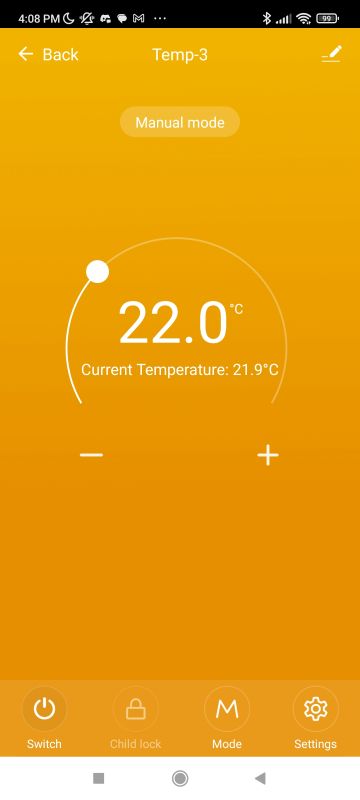 Tuya thermostat app screen: Manual mode, setpoint 22.0°C and current temperature 21.9°C